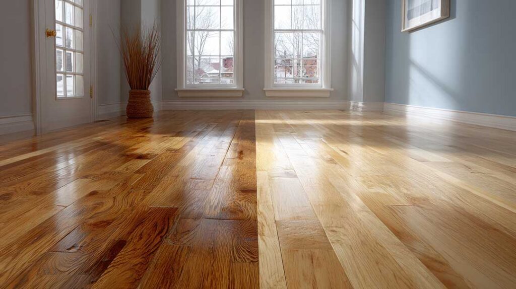 Homeowner comparing flooring samples beside a partially renovated living room with tools and stacked planks.