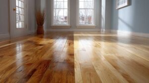 Homeowner comparing flooring samples beside a partially renovated living room with tools and stacked planks.